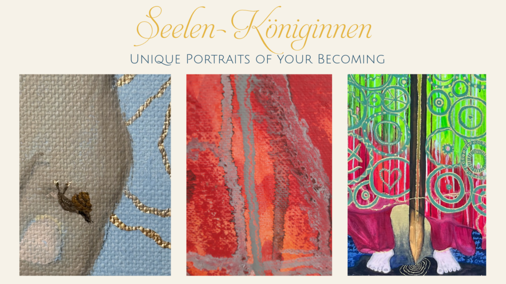 Drei Detailausschnitte aus den Seelen-Königinnen mit Gold, intensiven Farben und symbolischen Motiven als Auftakt der Galerie.