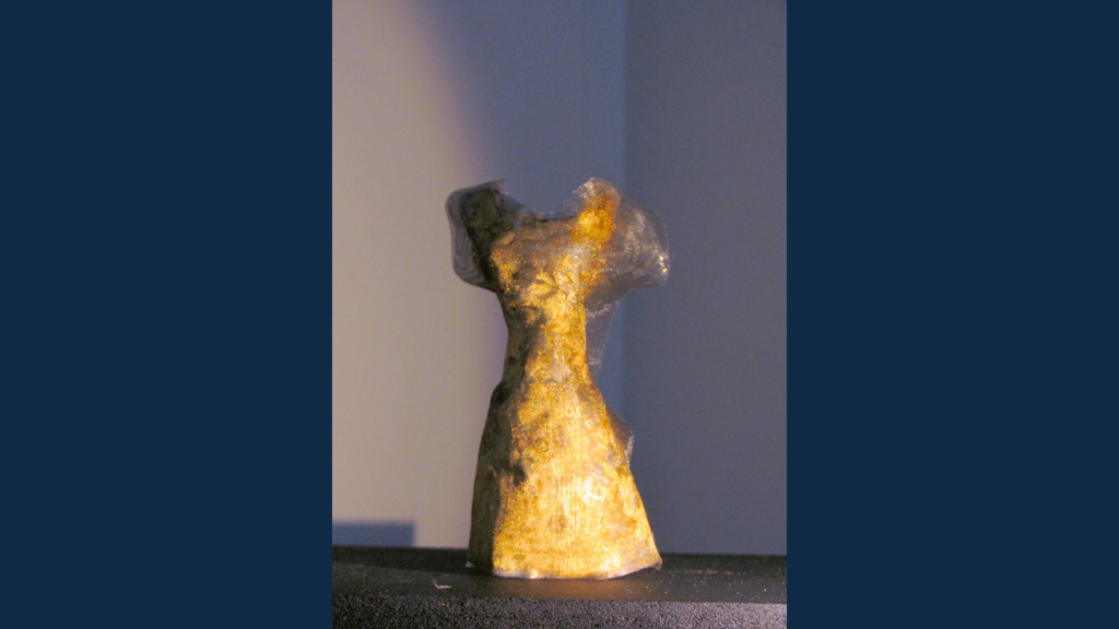 Goldenes Miniaturkleid aus der Kofferausstellung „Die Träume der Statue of Liberty“, leuchtend inszeniert vor dunklem Hintergrund.
