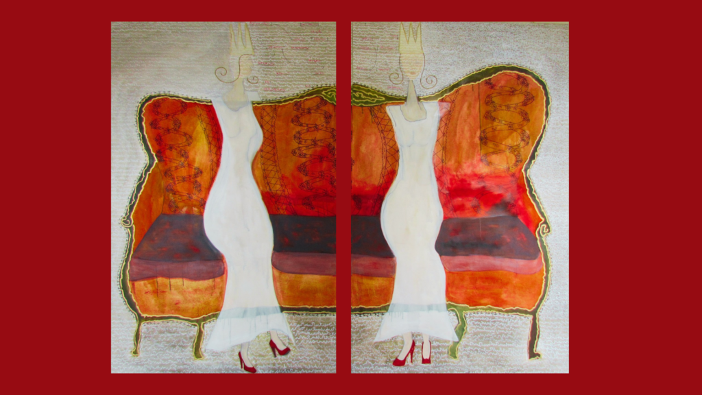 Zwei figurative Arbeiten der Serie „Auftritt“ mit weiblichen Gestalten vor rotem Hintergrund und angedeutetem Sofa.