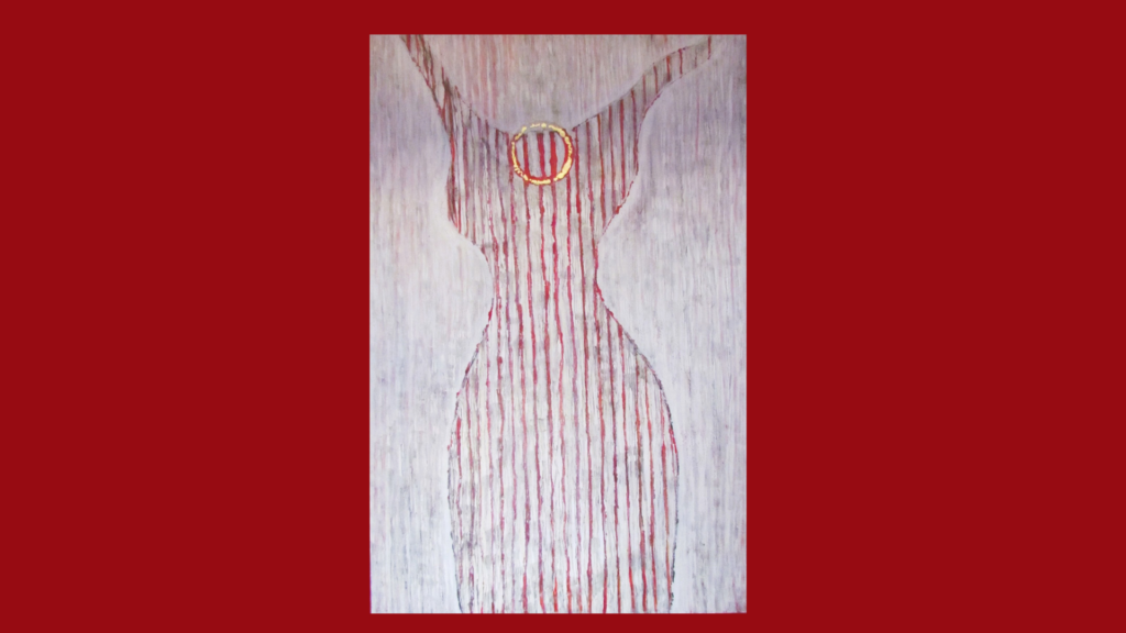 Figurative Arbeit mit gestreifter weiblicher Gestalt, Ringmotiv und kräftigen Rot- und Rosatönen.