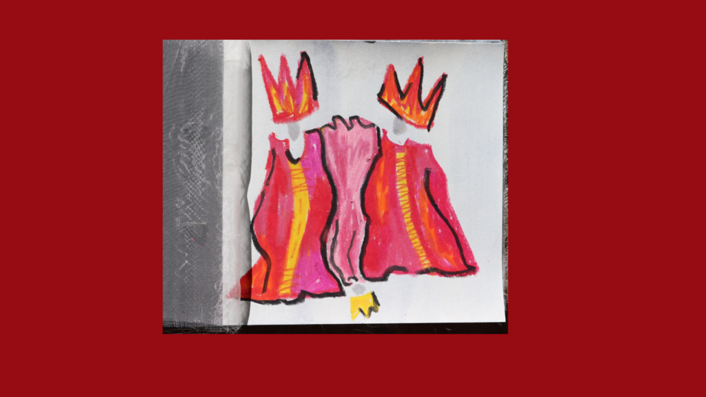 Aufgeschlagene Seite aus dem handgemalten Kunstbuch „Die Geburt der Prinzessin“ mit pink-roter Figur und königlichen Anklängen.