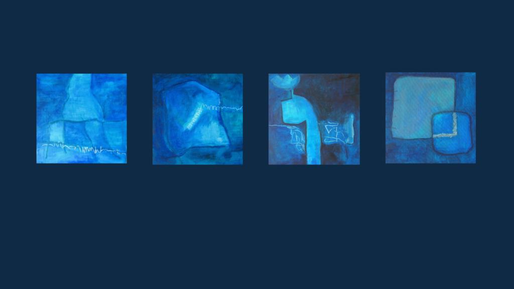 Abstrakte blaue Bildserie mit tiefen Blau- und Türkistönen, feinen Linien und gestischen Spuren.