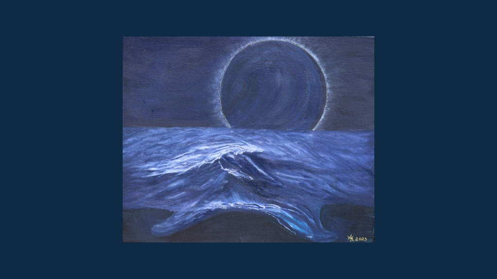 Dunkelblaues Wellenbild mit leuchtendem Horizont und Neumond über kosmischem Wasser