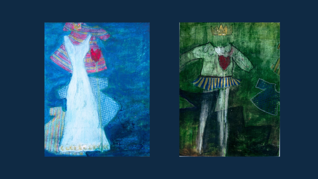 Zwei figurative Werke in Blau und Grün mit königlichen Motiven und ersten roten Akzenten als Übergang zum Roten Raum. Tamina und Tamino