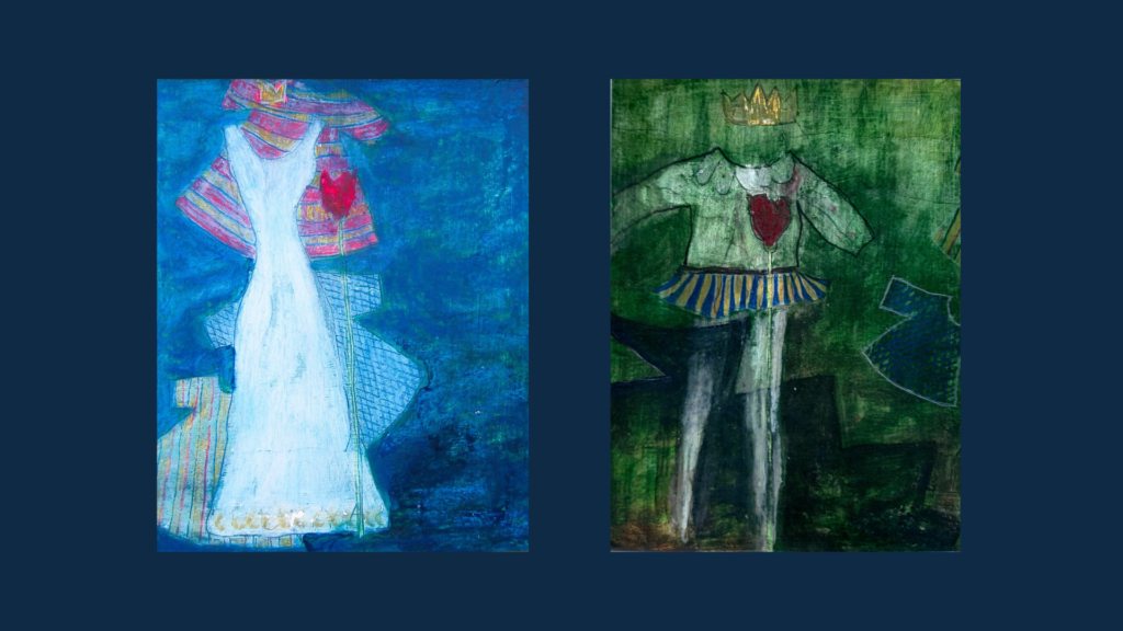 Zwei figurative Werke in Blau und Grün mit königlichen Motiven und ersten roten Akzenten als Übergang zum Roten Raum. Tamina und Tamino
