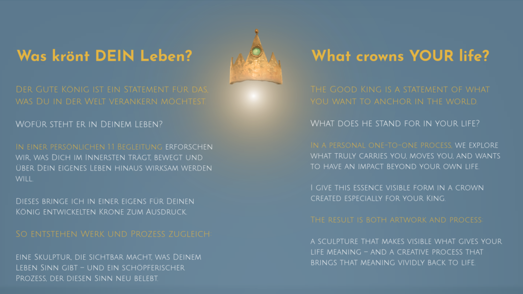 Zweisprachige Abschlussseite zum „Guten König“ mit goldener Krone und der Leitfrage „Was krönt dein Leben?“ sowie Einladung zu einem persönlichen 1:1 Prozess.