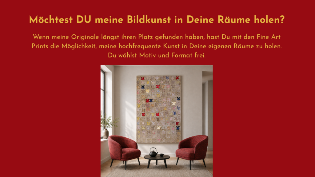 CTA-Seite zu den Fine Art Prints mit rotem Galerieraum, großformatigem Kunstwerk und Einladung, Motiv und Format frei zu wählen.