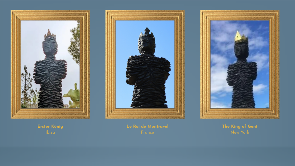 Porträtgalerie von fünf „Guten Königen“ mit individuellen Kronen, präsentiert in goldenen Rahmen vor pastellblauem Hintergrund.