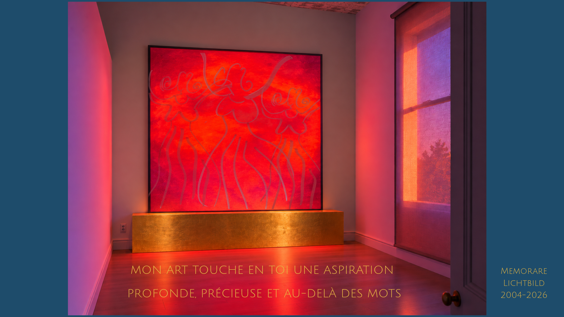 Œuvre « Memorare » d’Annette Blandinières dans un intérieur, accompagnée du texte : « Mon art touche en toi une aspiration profonde. Précieuse et au-delà des mots. »