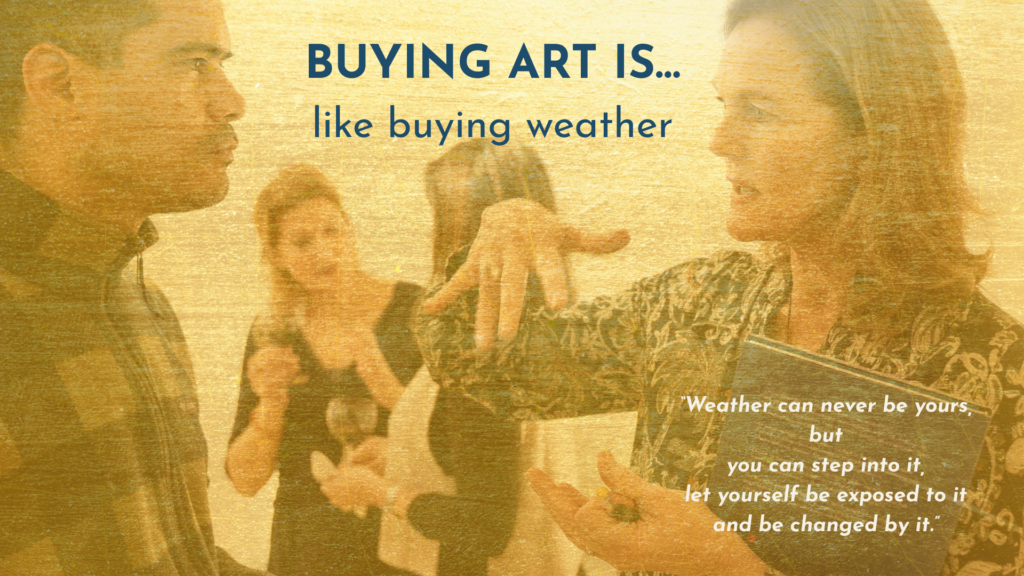 Artist in conversation against a golden background – opening image for “Buying art is like buying weather”.