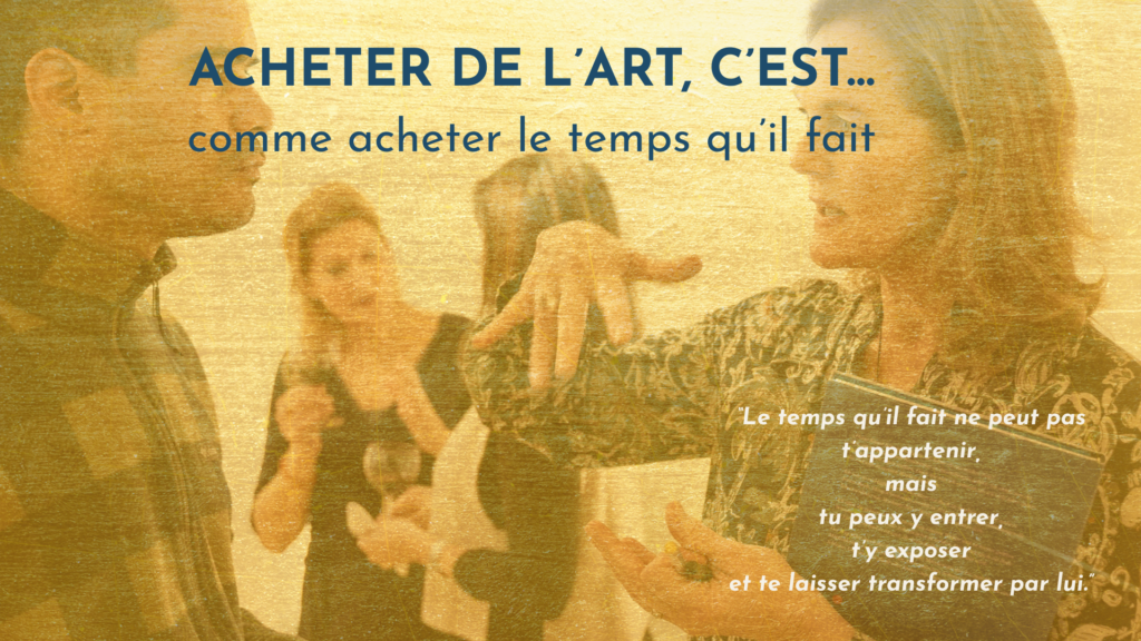 Artiste en conversation sur fond doré – image d’ouverture pour « Acheter de l’art, c’est comme acheter le temps qu’il fait ».