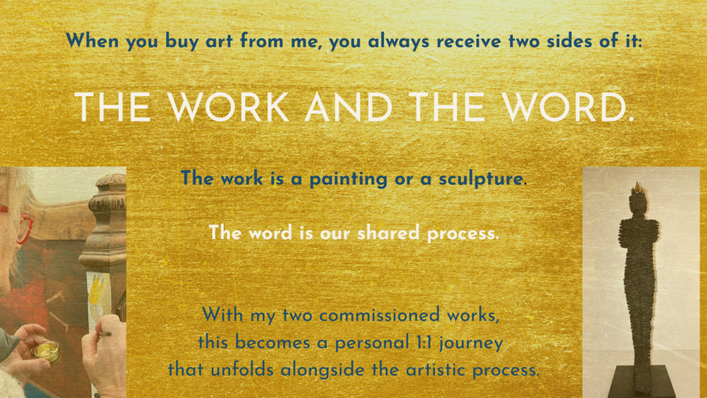 Artist working with sculpture and gold – the artwork and the word as two connected parts of the artistic process.