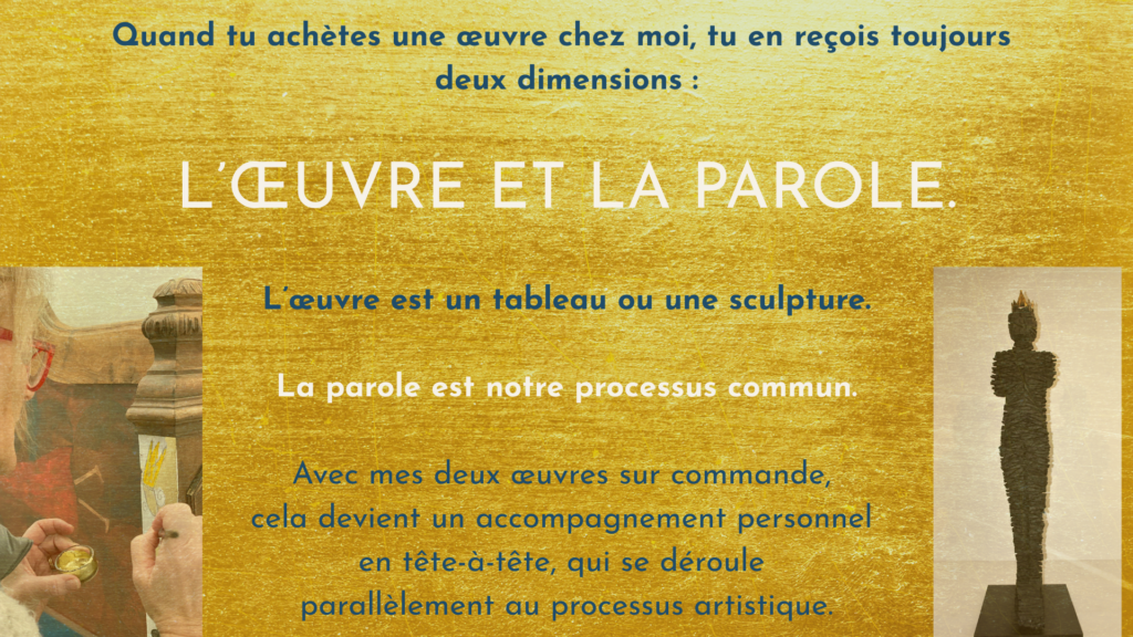 Artiste au travail avec une sculpture et de l’or – l’œuvre et la parole comme deux dimensions liées du processus artistique.
