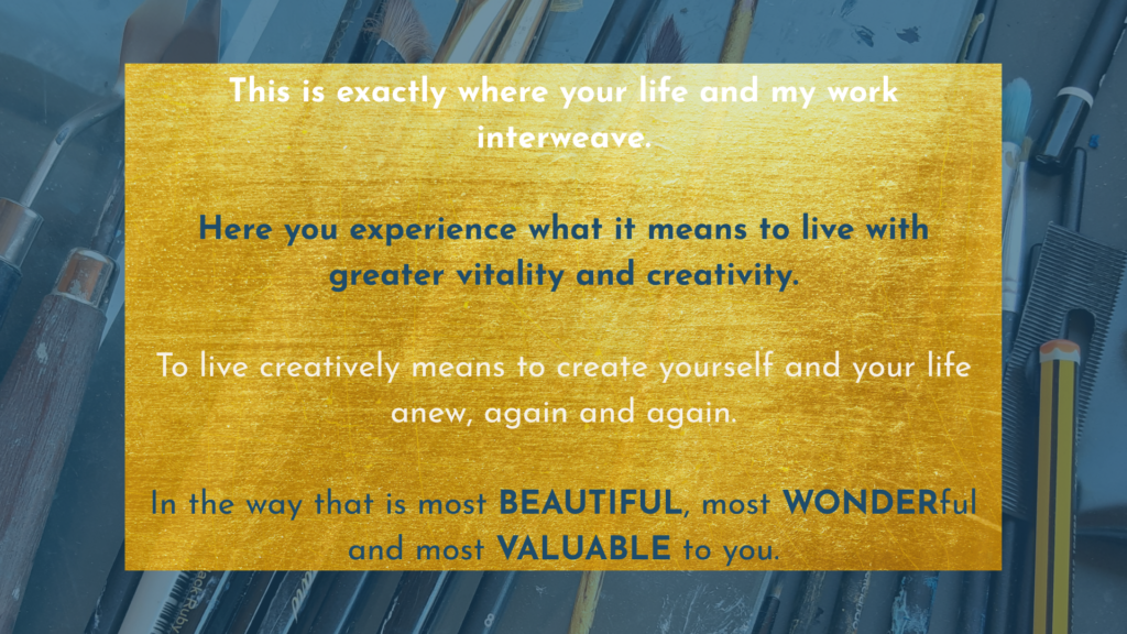 Golden text page about creative living – where personal life and artistic work become intertwined.